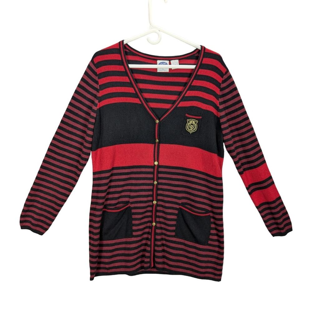 DG2 by Diane Gilman Cardigan Sweater Womens Large Red Black Stripes Crest Logo